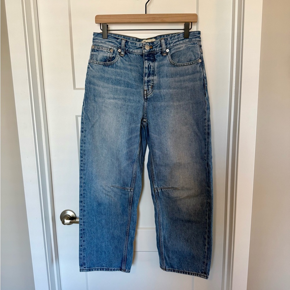 Madewell darted barrel leg jeans and a light medium wash